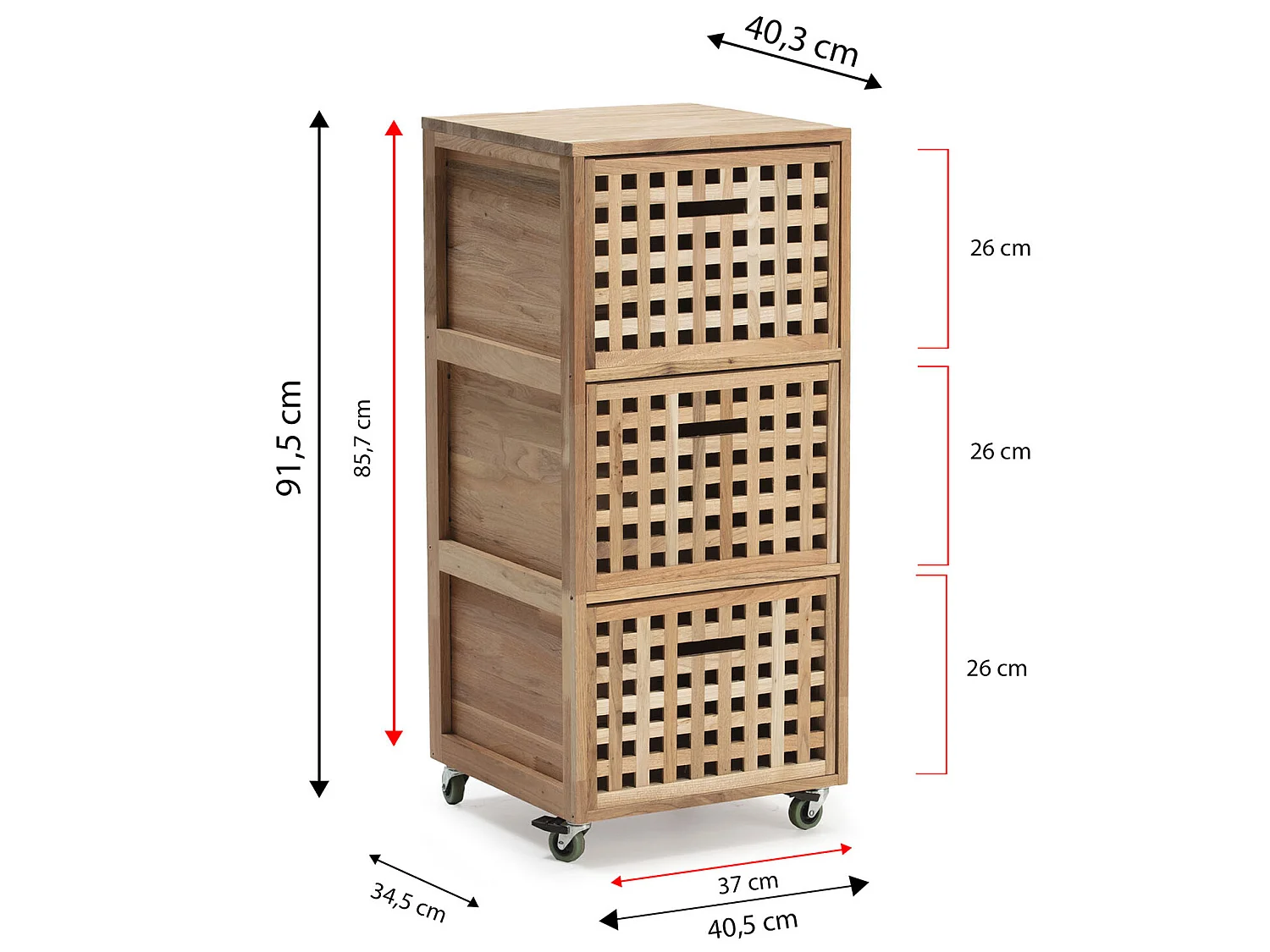Meuble de salle de bain Bukit 3 tiroirs à roulettes