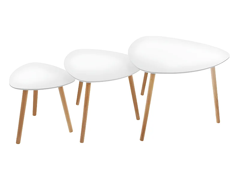 Lot de 3 tables à café gigogne en Bois blanc et pieds bois naturel