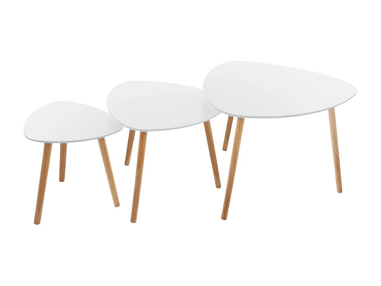 Lot de 3 tables à café gigogne en Bois blanc et pieds bois naturel