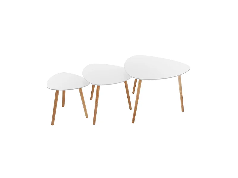 Lot de 3 tables à café gigogne en Bois blanc et pieds bois naturel