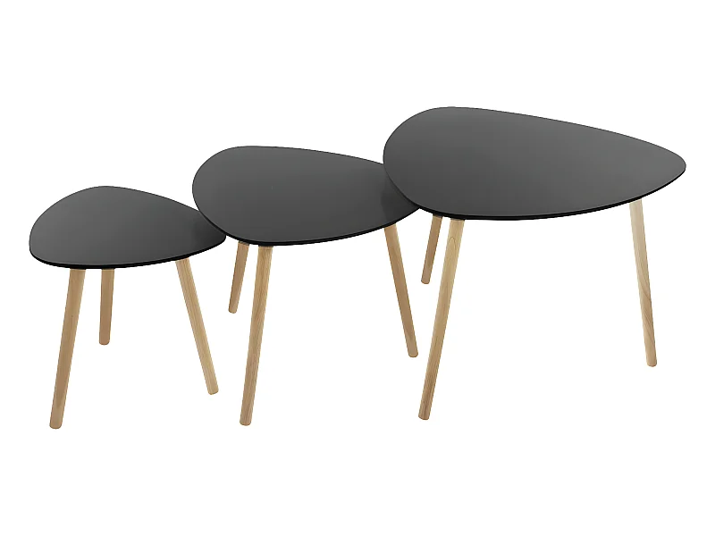 Lot de 3 tables à café gigogne en Bois Noir et pieds en Bois d'Hévéa
