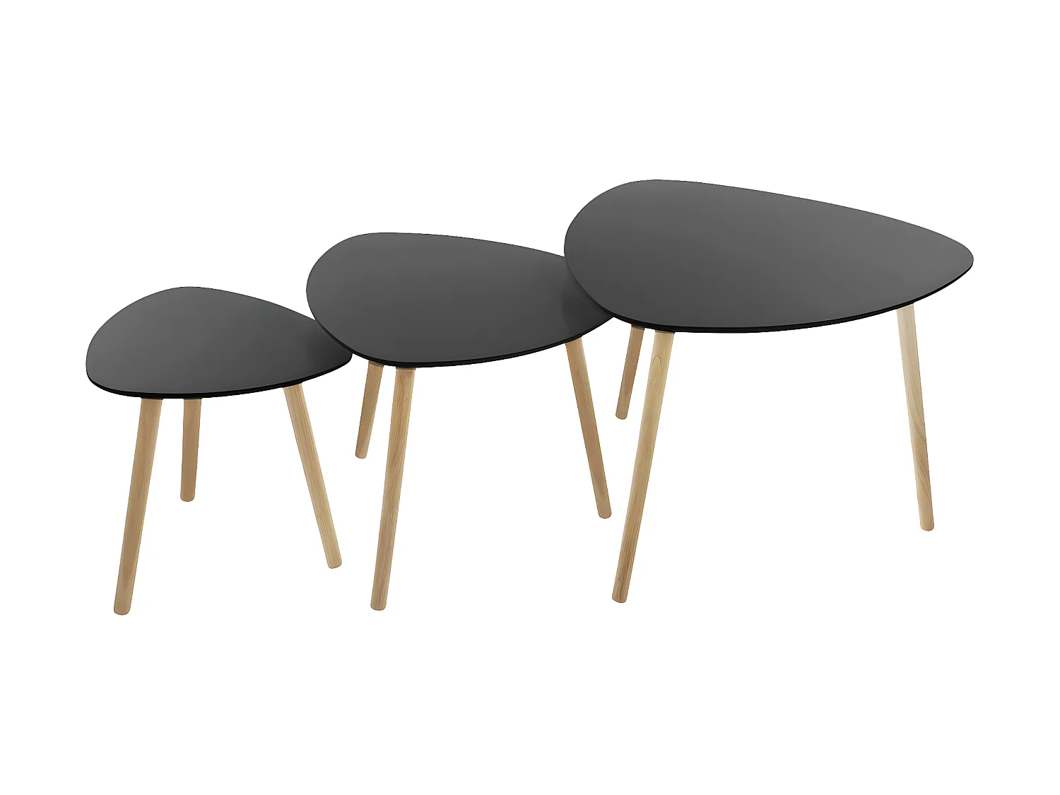 Lot de 3 tables à café gigogne en Bois Noir et pieds en Bois d'Hévéa