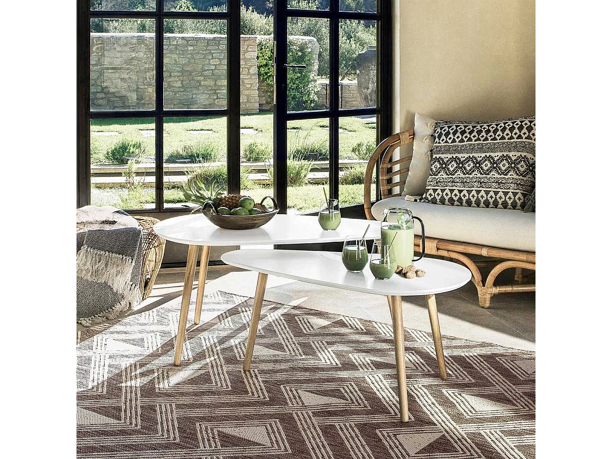 Lot de 2 tables à café gigogne en Bois blanc et pieds bois naturel