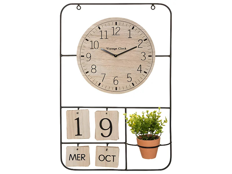 Pendule murale en métal et Bois avec Calendrier perpétuel et Plante verte en pot
