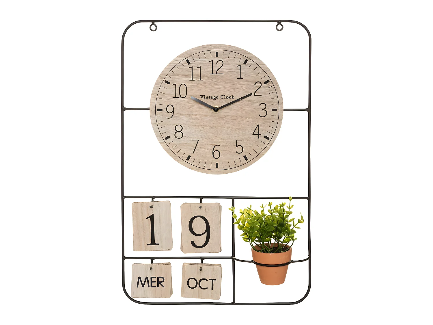 Pendule murale en métal et Bois avec Calendrier perpétuel et Plante verte en pot