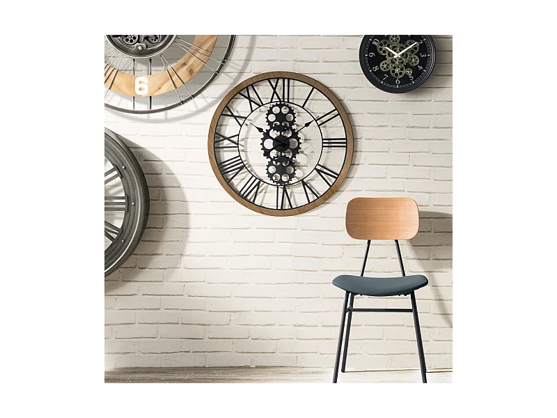 Grande Orologio da Parete Industriale in Legno e Metallo D 70 cm Nero