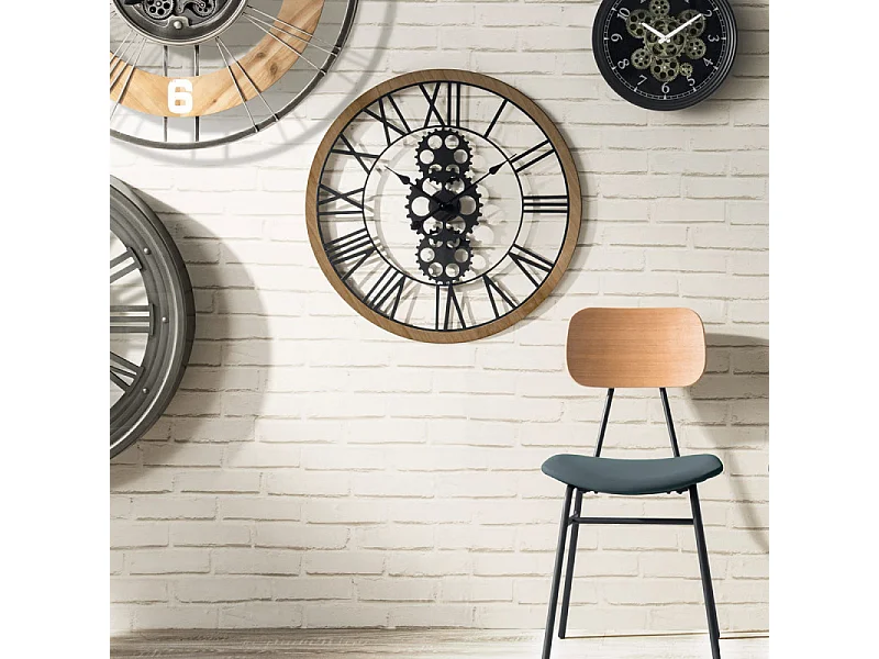Gran Reloj de Pared Industrial de Madera y Metal D 70 cm Negro