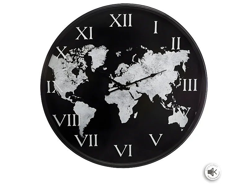Pendule murale silencieuse Monde en Métal Noir et Blanc D 57 cm