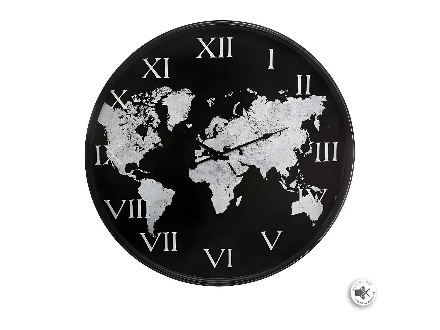 Pendule murale silencieuse Monde en Métal Noir et Blanc D 57 cm
