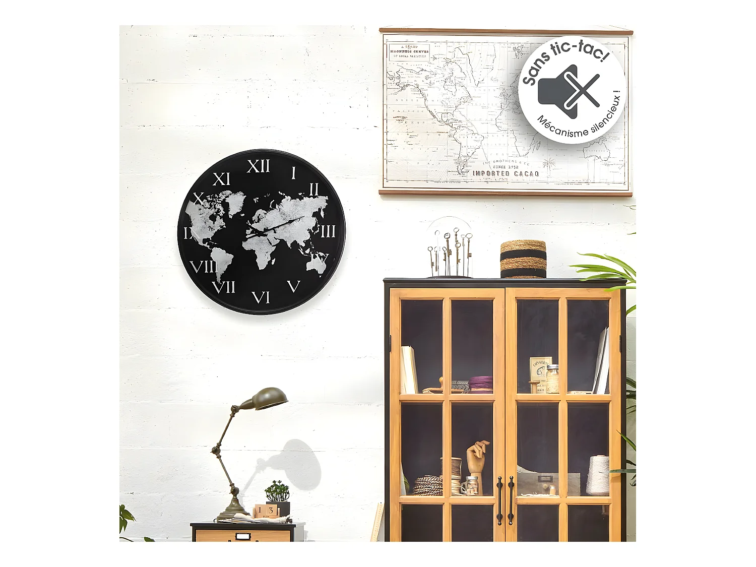 Pendule murale silencieuse Monde en Métal Noir et Blanc D 57 cm