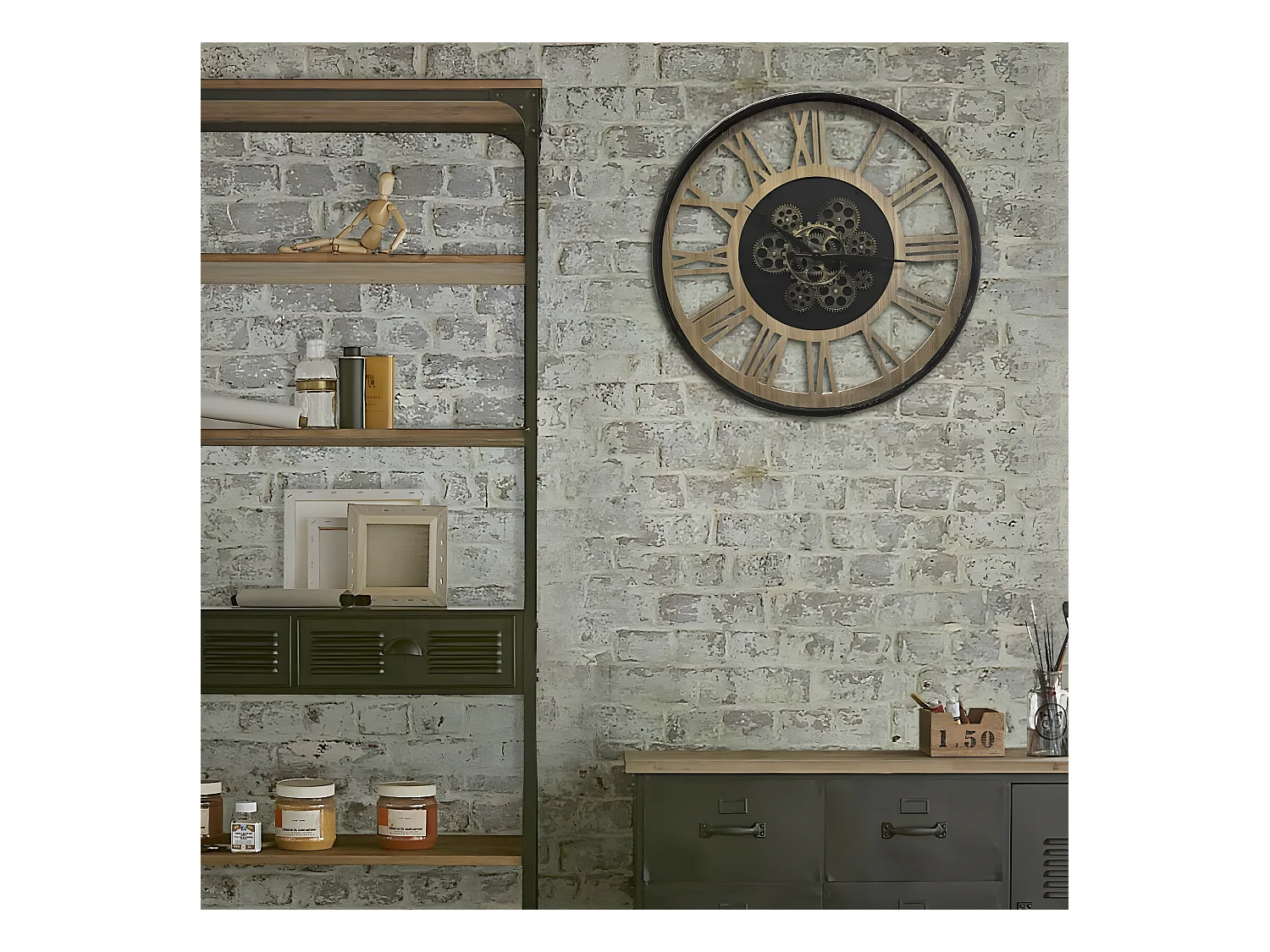 Pendule murale en Métal et Bois avec mécanisme apparent D 57 cm