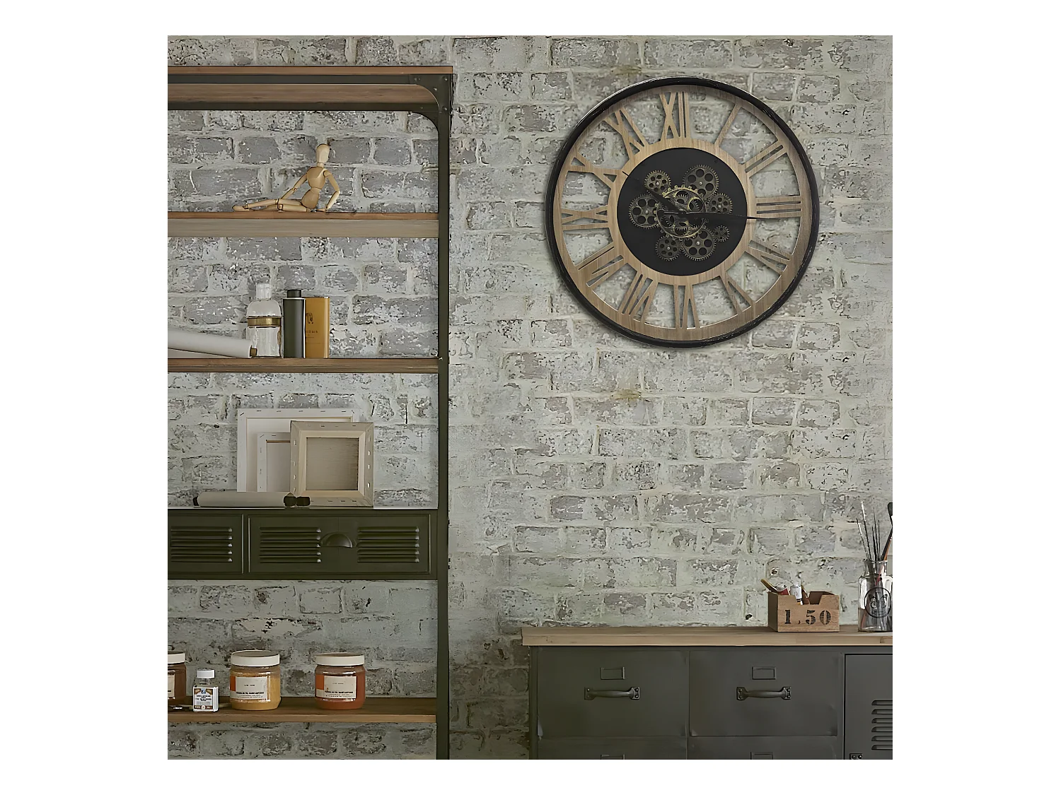 Pendule murale en Métal et Bois avec mécanisme apparent D 57 cm