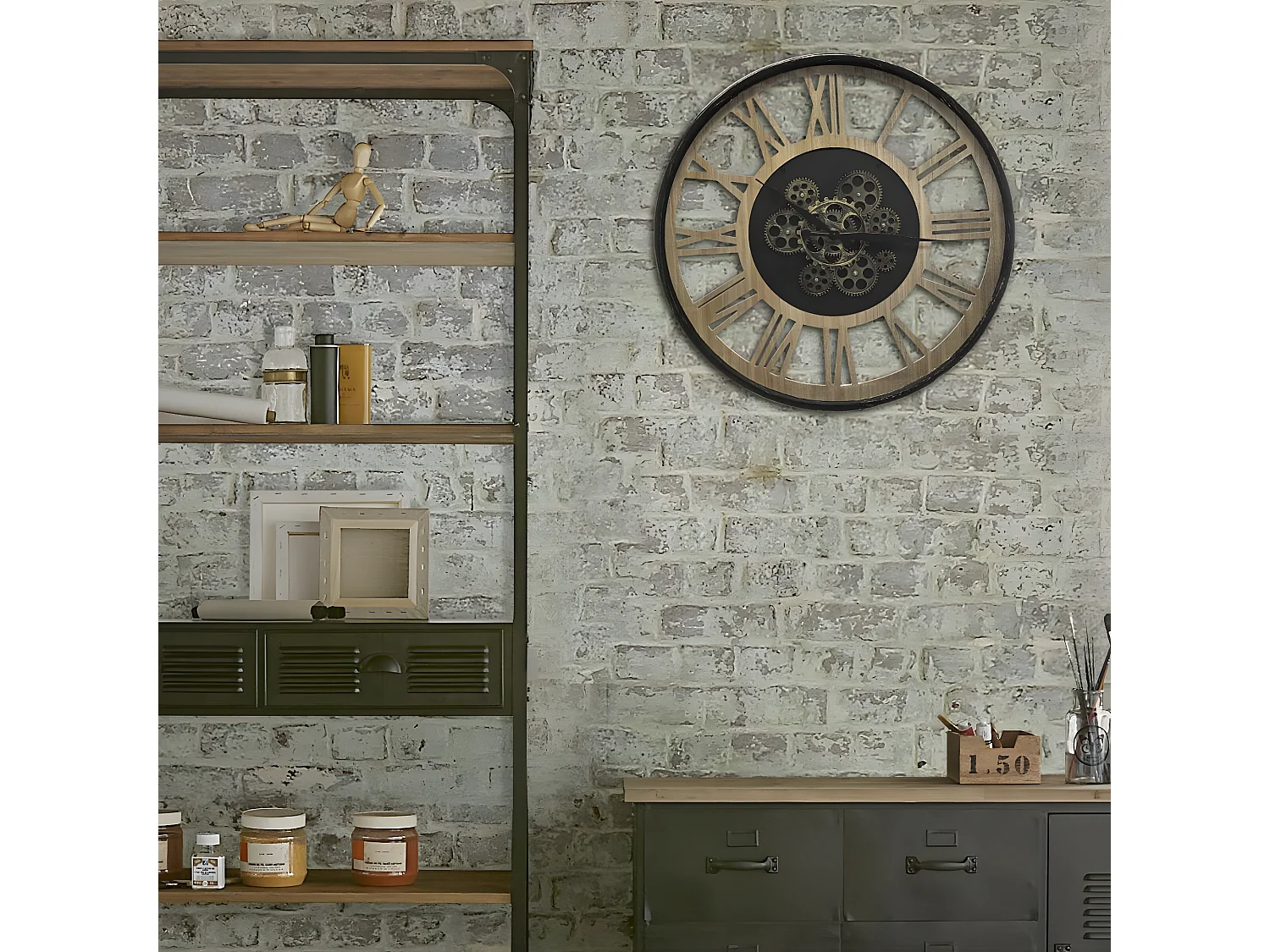 Pendule murale en Métal et Bois avec mécanisme apparent D 57 cm