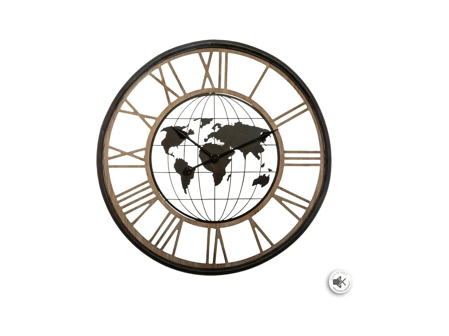 Grande Pendule murale silencieuse en métal décor Map Monde D 67 cm
