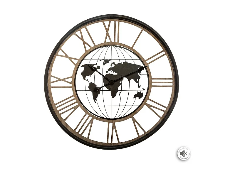 Grande Pendule murale silencieuse en métal décor Map Monde D 67 cm