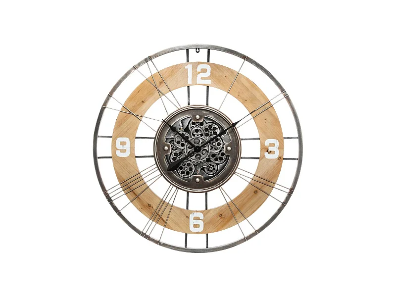 Große Stille Wanduhr aus Metall und Holz D 90 cm Multicolor