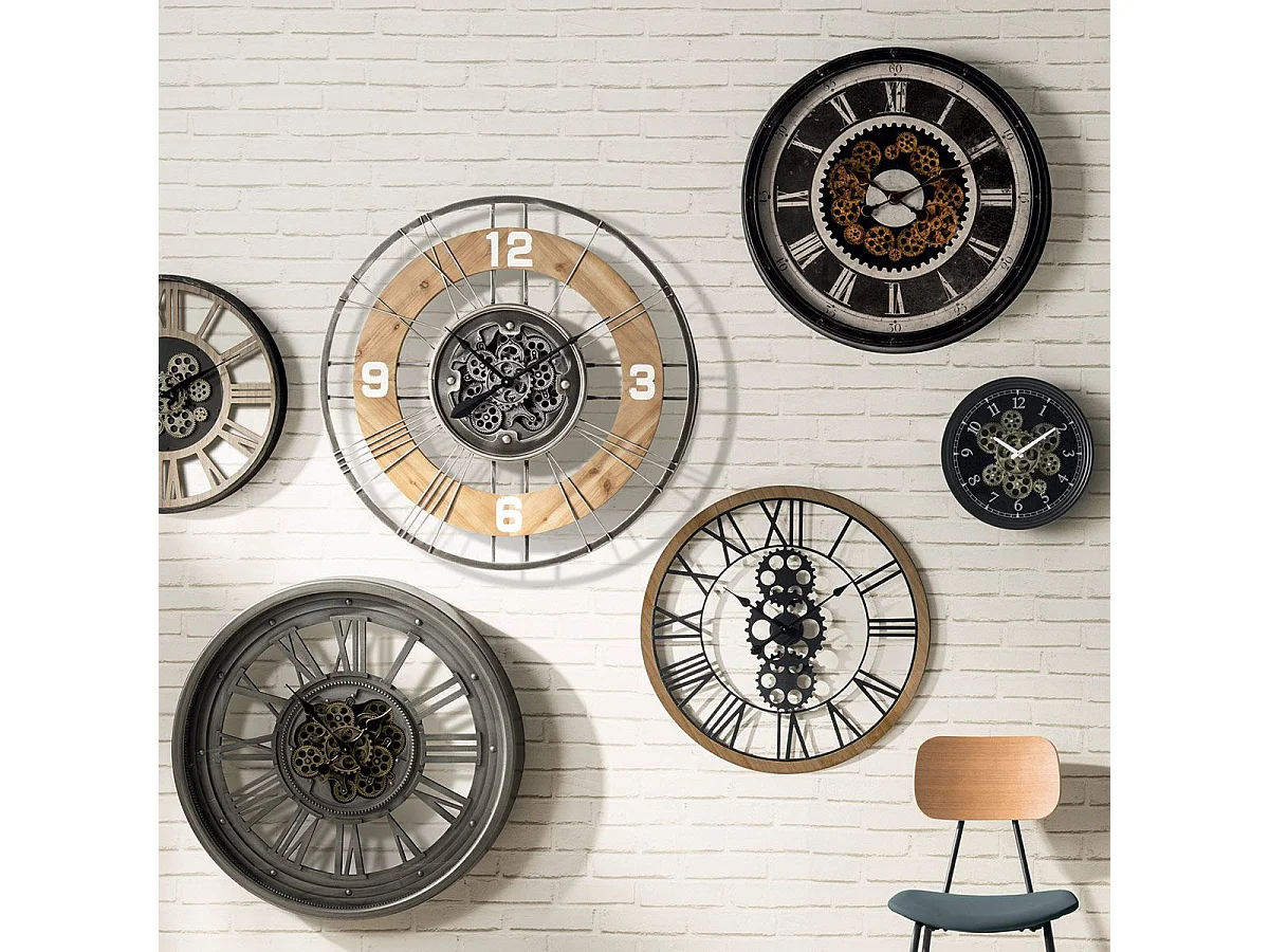 Grande Pendule murale silencieuse en Métal et Bois D 90 cm