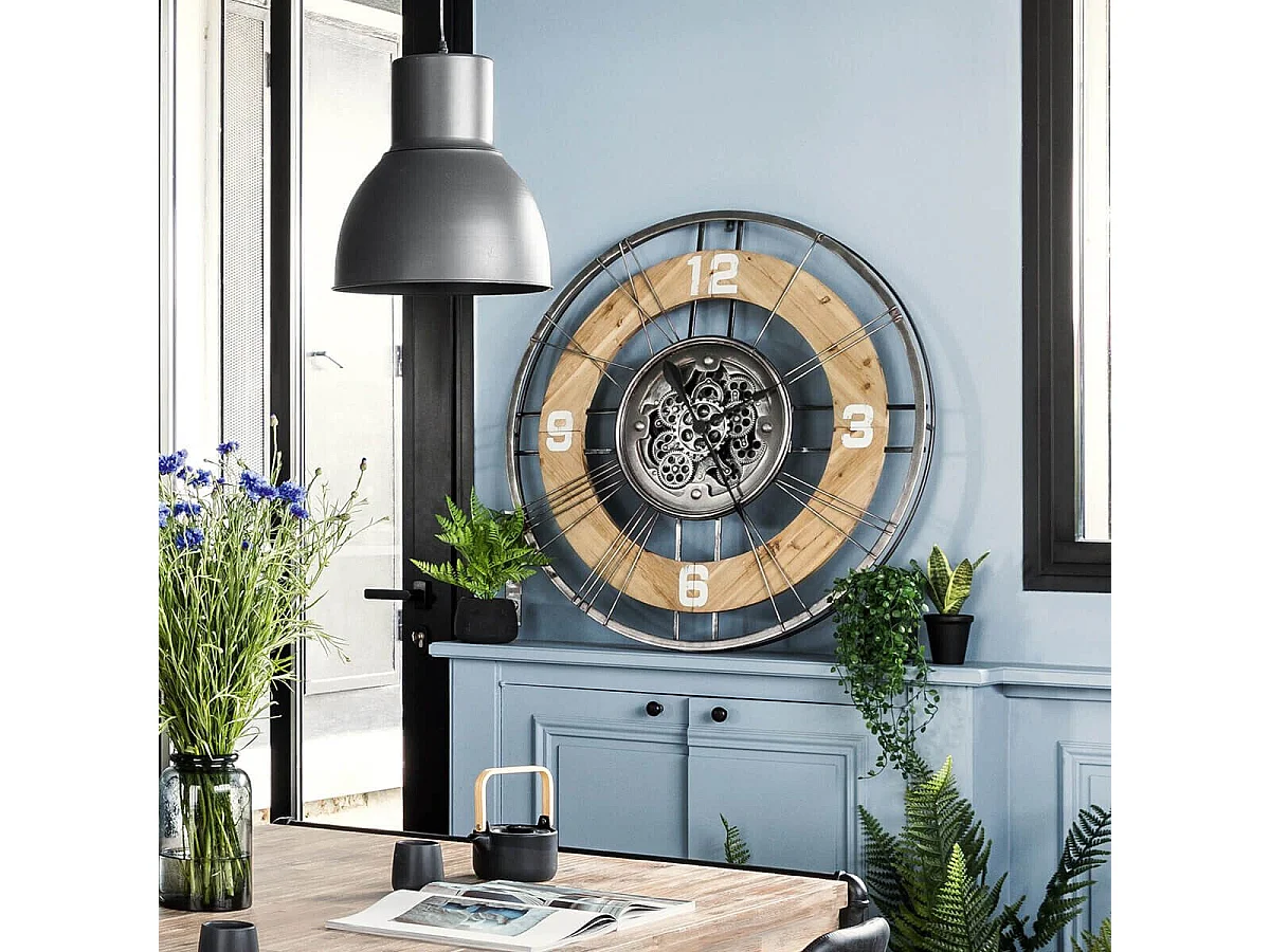 Grande Pendule murale silencieuse en Métal et Bois D 90 cm