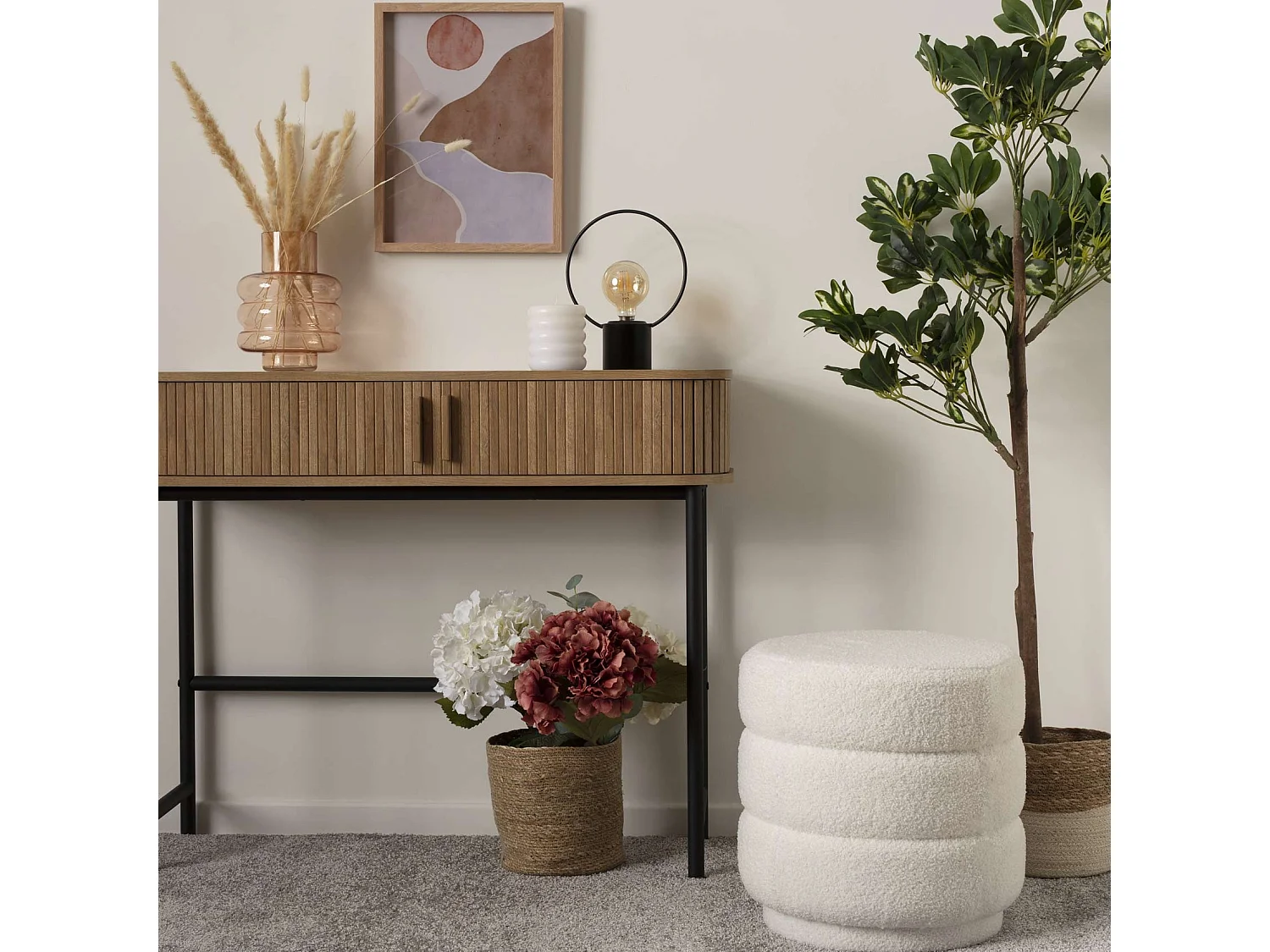 Pouf en Tissu bouclé Blanc D 40 x H 40 cm