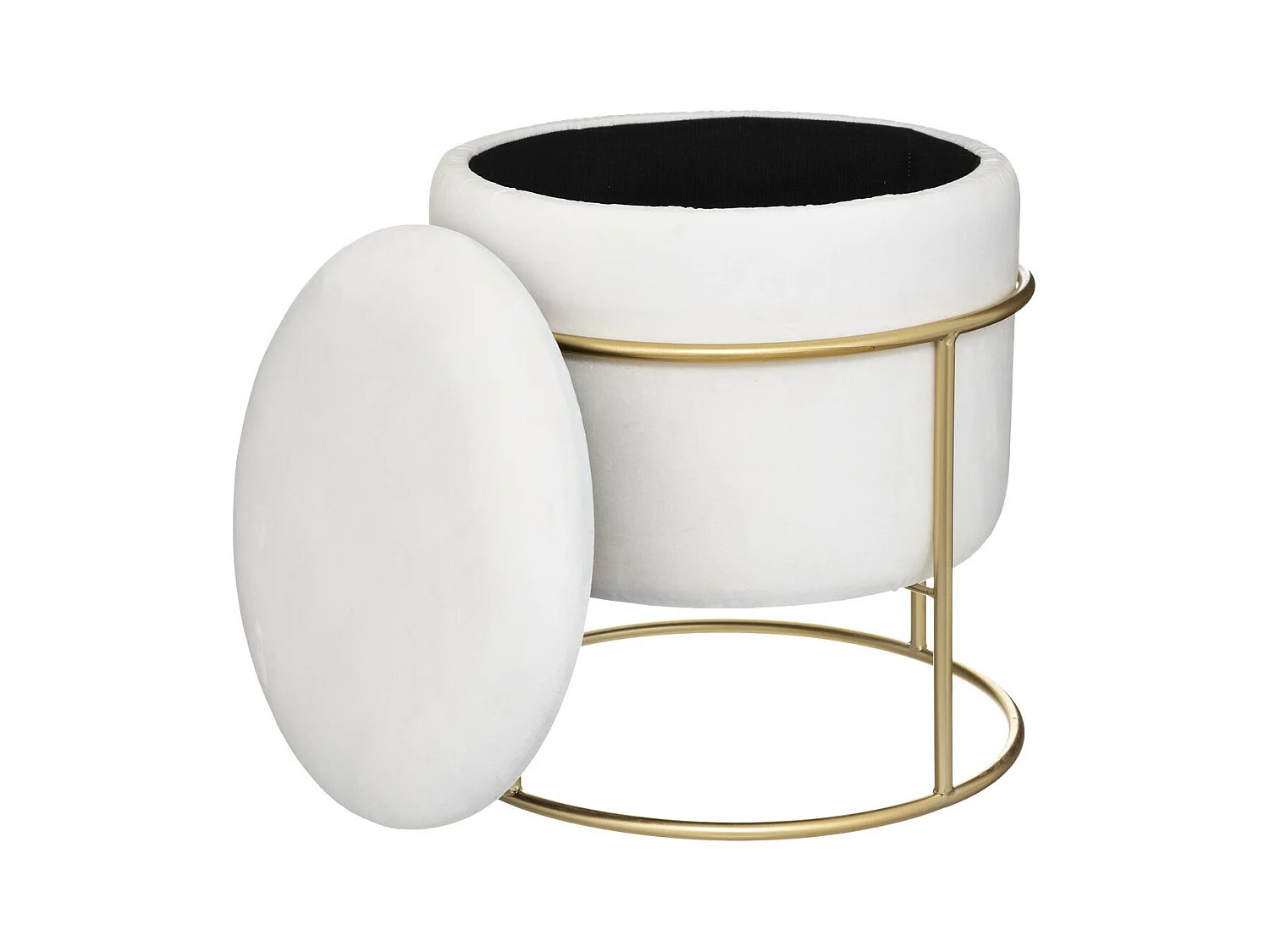 Pouf et Coffre de rangement en Velours Blanc Ivoire et support en métal D 42 x H 44 cm