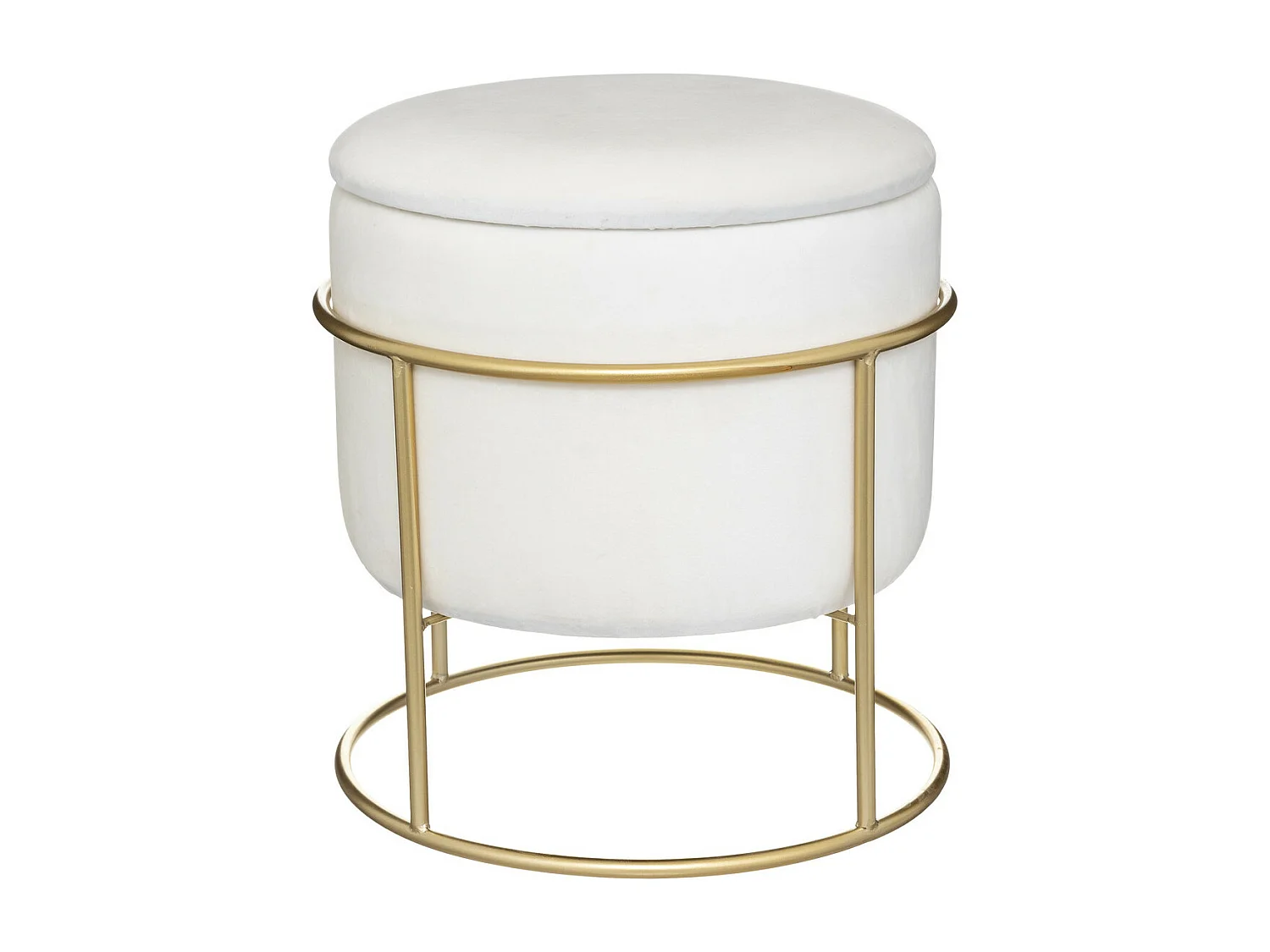 Pouf et Coffre de rangement en Velours Blanc Ivoire et support en métal D 42 x H 44 cm