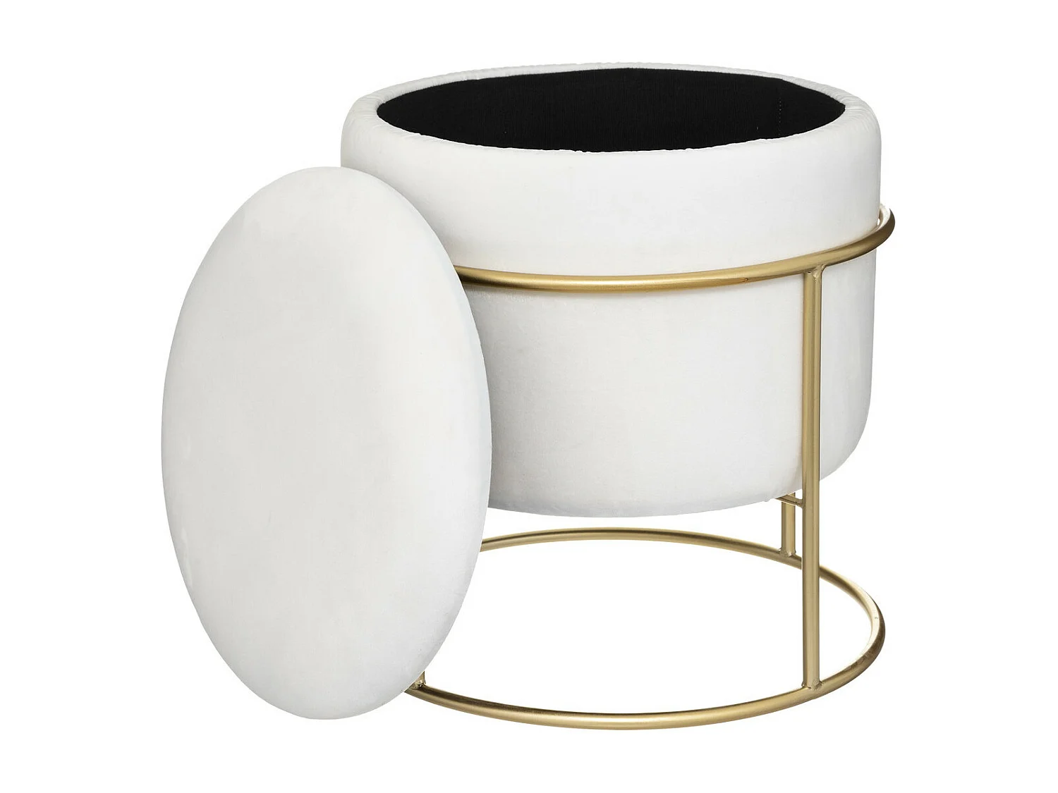 Pouf et Coffre de rangement en Velours Blanc Ivoire et support en métal D 42 x H 44 cm