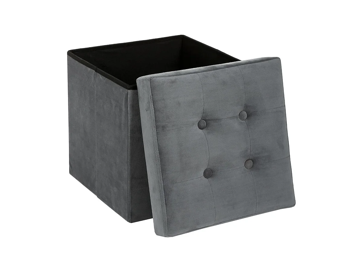 2 en 1 Pouf pliant et coffre de rangement Velours Gris  38 x 38 cm