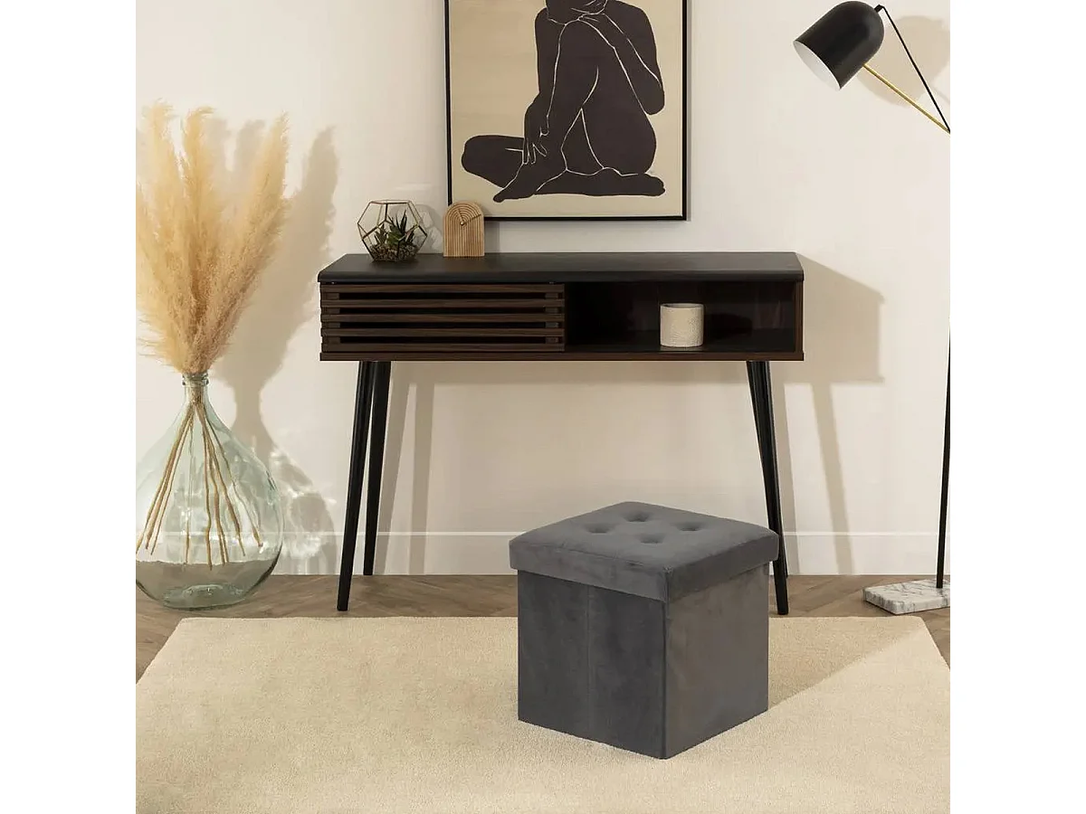 2 en 1 Pouf pliant et coffre de rangement Velours Gris  38 x 38 cm