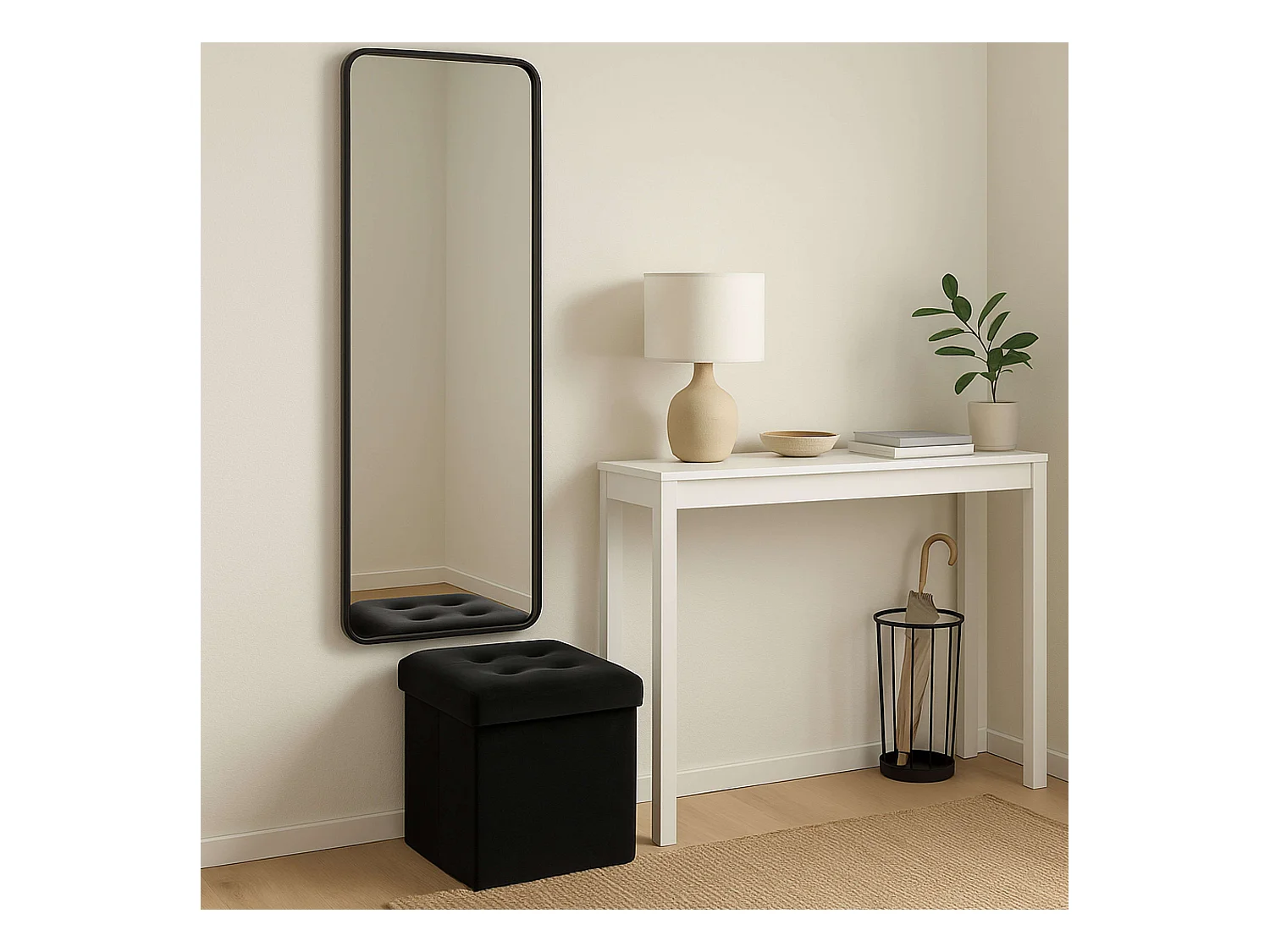 2 en 1 Pouf pliant et coffre de rangement Velours Noir 38 x 38 cm