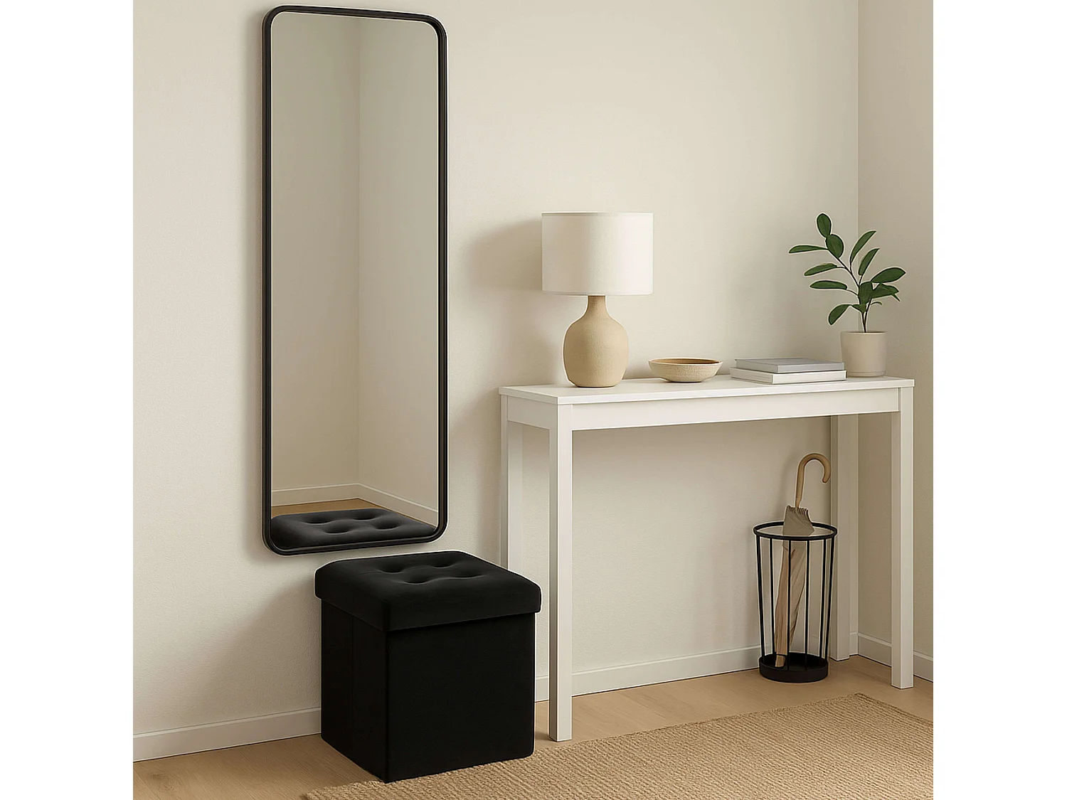 2 en 1 Pouf pliant et coffre de rangement Velours Noir 38 x 38 cm