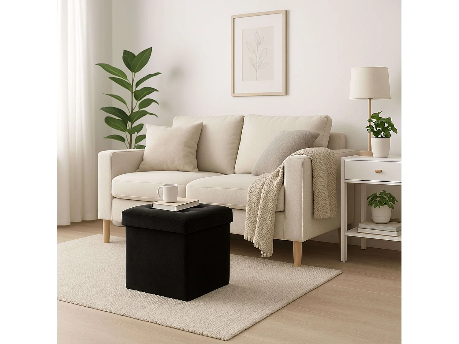 2 en 1 Pouf pliant et coffre de rangement Velours Noir 38 x 38 cm