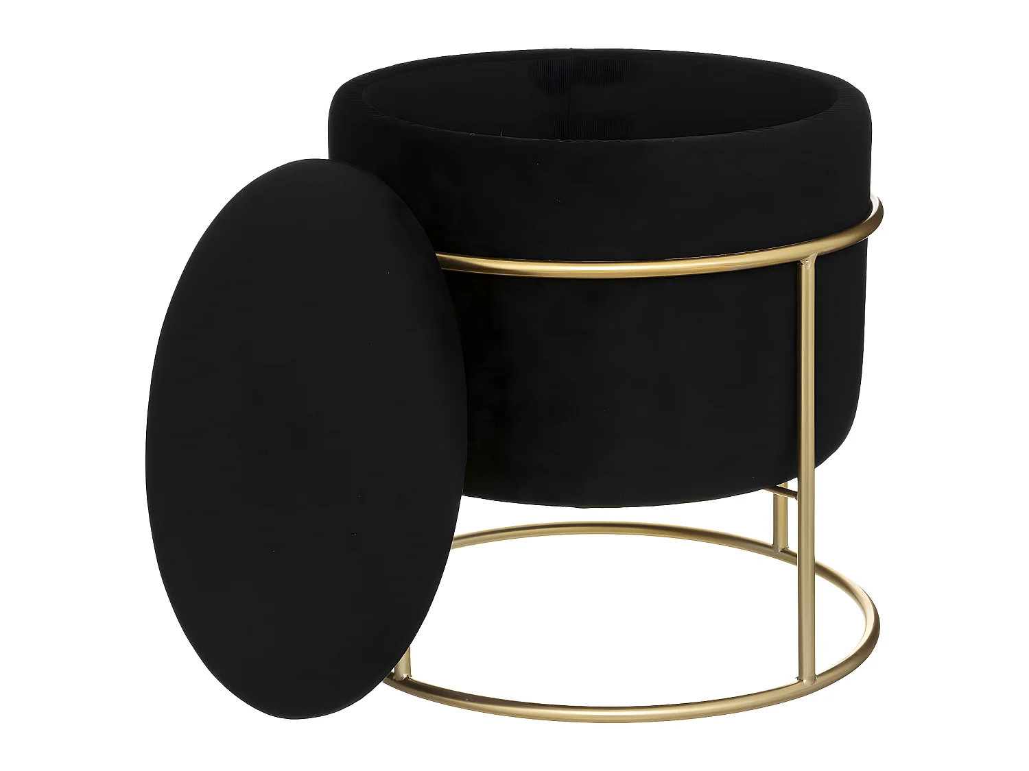 Pouf et Coffre de rangement en Velours Noir et support en métal D 42 x H 44 cm