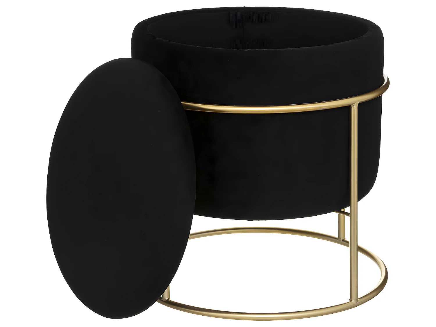 Pouf et Coffre de rangement en Velours Noir et support en métal D 42 x H 44 cm