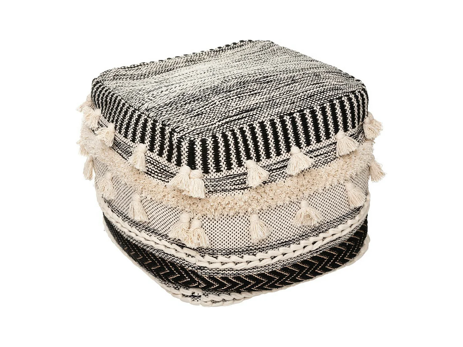 Pouf en tissu motif en relief avec pompons 45 x 45 cm