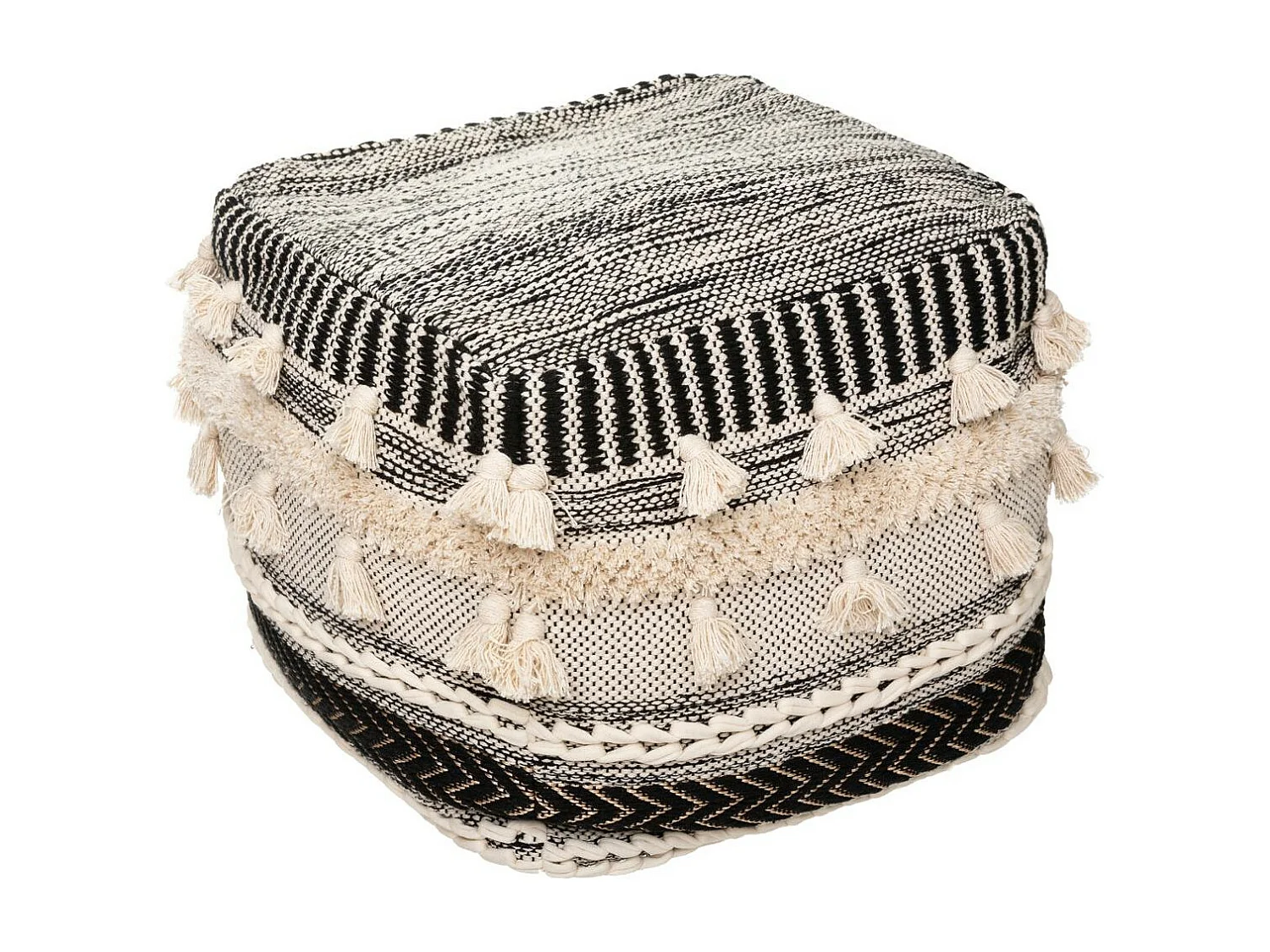 Pouf en tissu motif en relief avec pompons 45 x 45 cm
