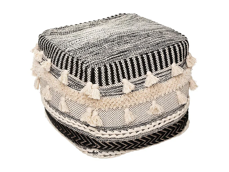 Pouf en tissu motif en relief avec pompons 45 x 45 cm