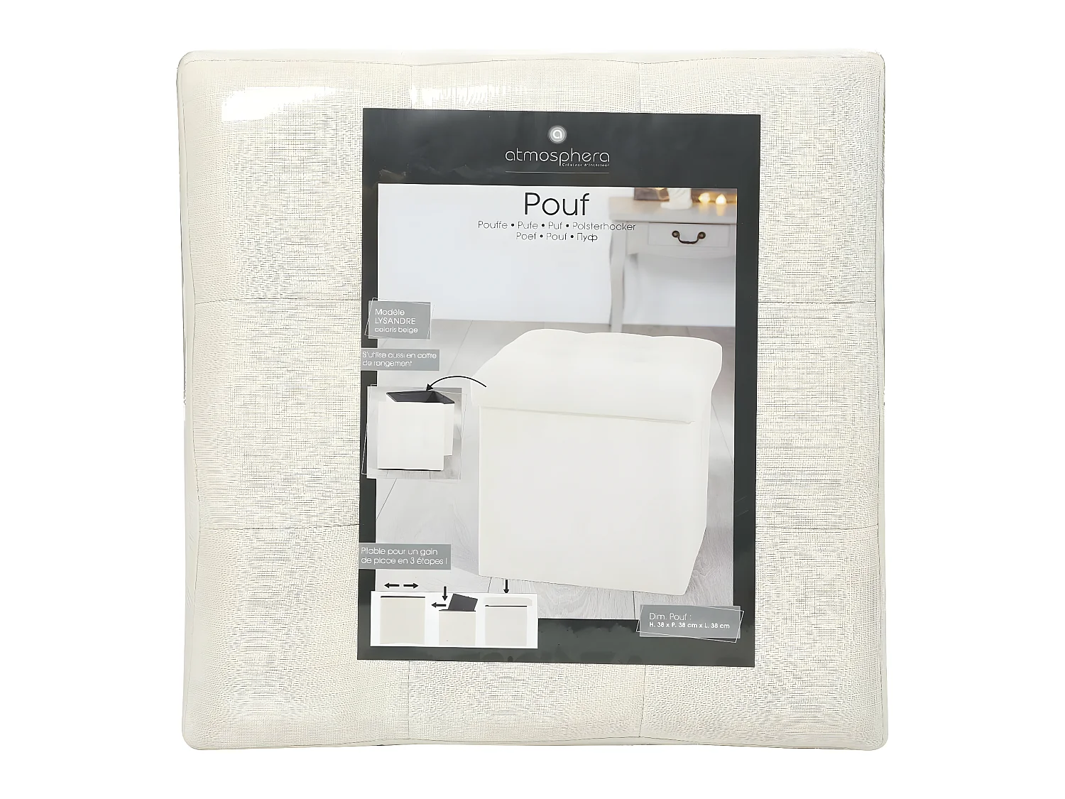 2 en 1 Pouf pliant et coffre de rangement Beige aspect Lin 38 x 38 cm