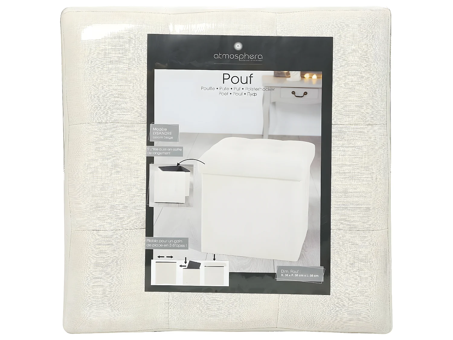 2 en 1 Pouf pliant et coffre de rangement Beige aspect Lin 38 x 38 cm