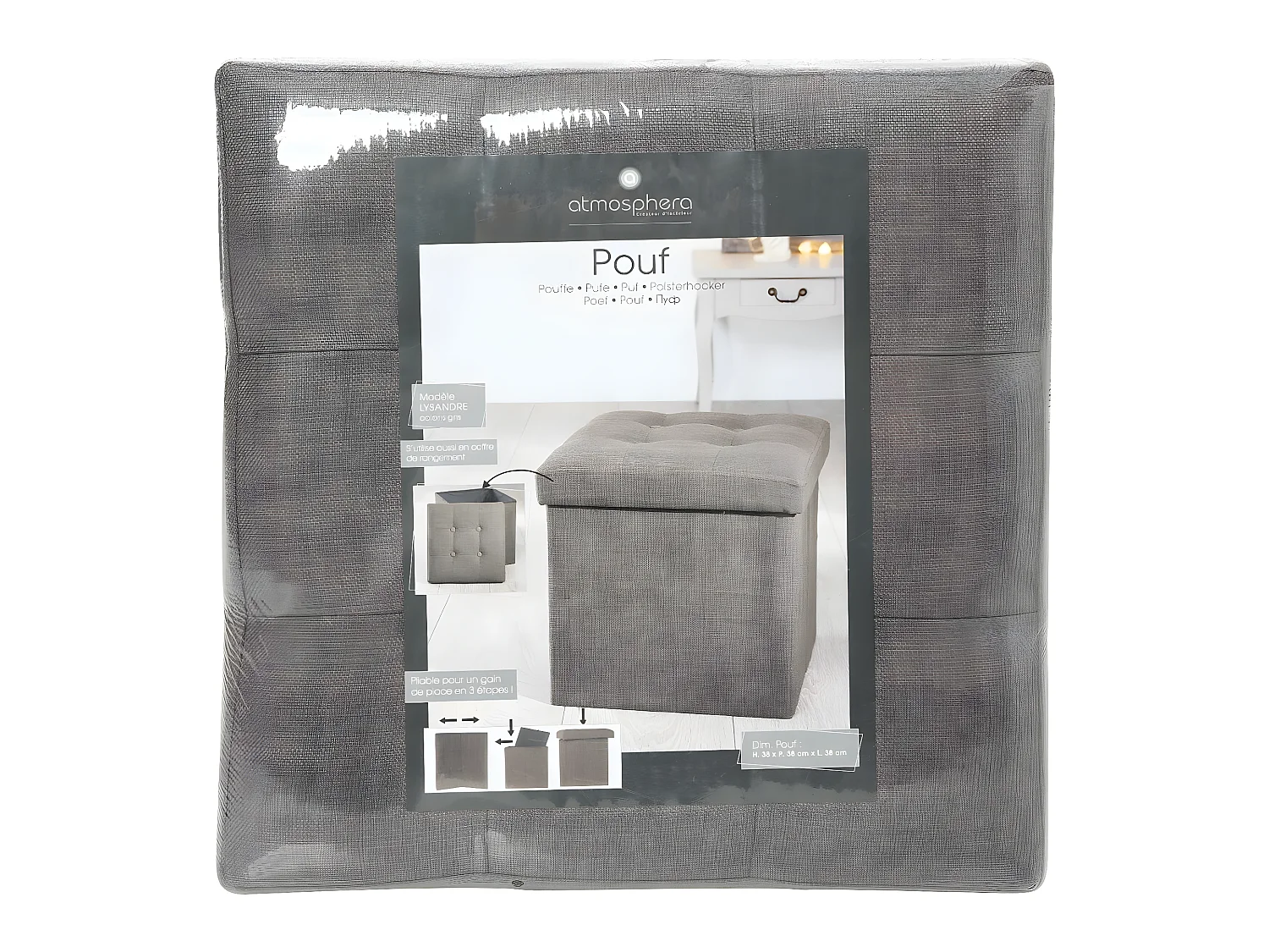 2 en 1 Pouf pliant et coffre de rangement Gris Taupe aspect Lin 38 x 38 cm