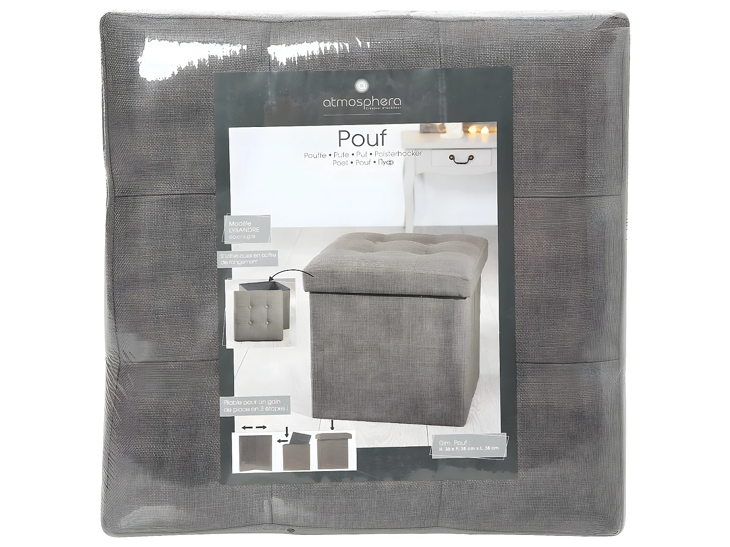 2 en 1 Pouf pliant et coffre de rangement Gris Taupe aspect Lin 38 x 38 cm