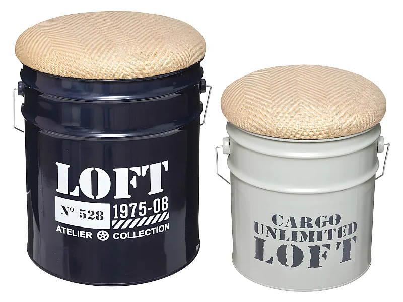 Lot de 2 Poufs Bidons & Coffres de rangement en Métal style industriel