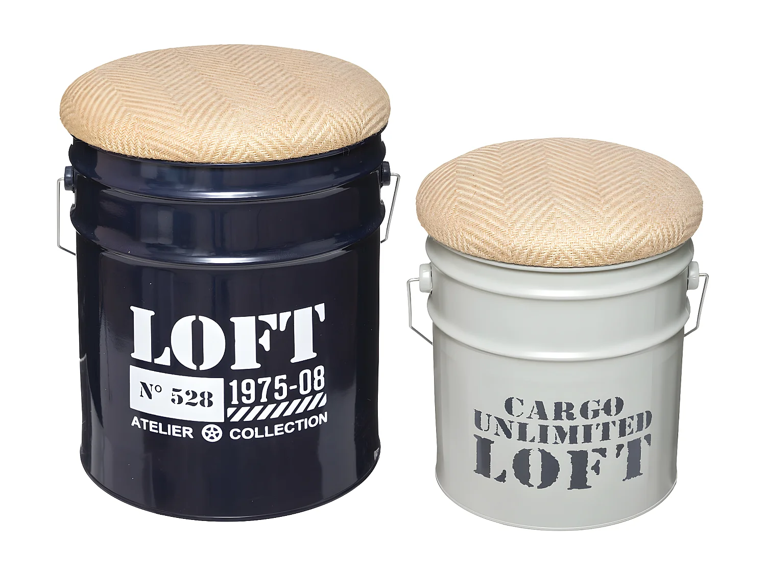 Lot de 2 Poufs Bidons & Coffres de rangement en Métal style industriel