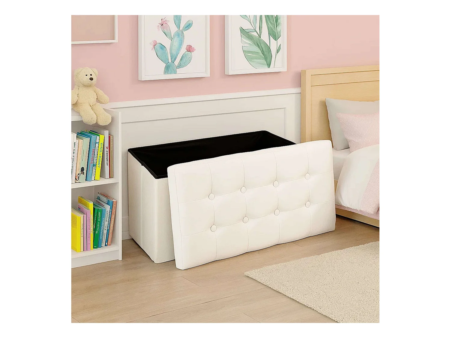 2 en 1 Pouf pliant double et coffre de rangement Beige aspect Lin 76 x H 38 cm