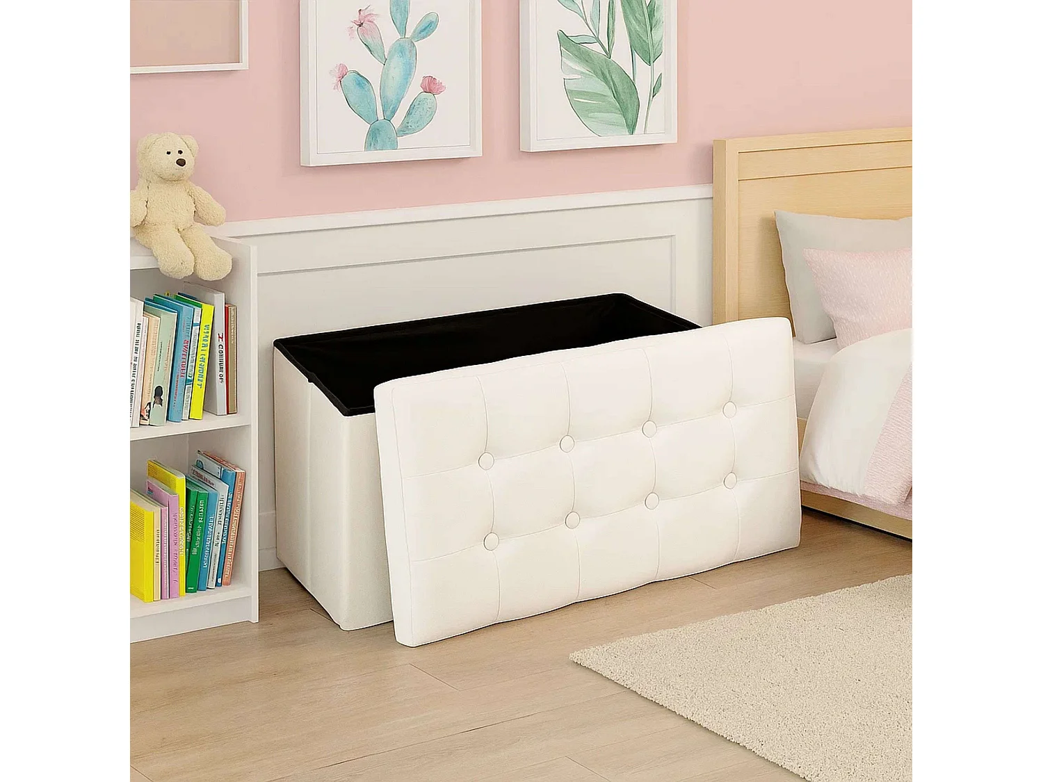 2 en 1 Pouf pliant double et coffre de rangement Beige aspect Lin 76 x H 38 cm