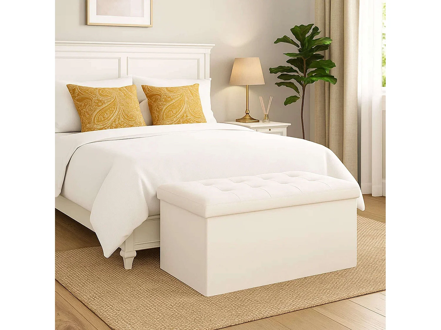 2 en 1 Pouf pliant double et coffre de rangement Beige aspect Lin 76 x H 38 cm