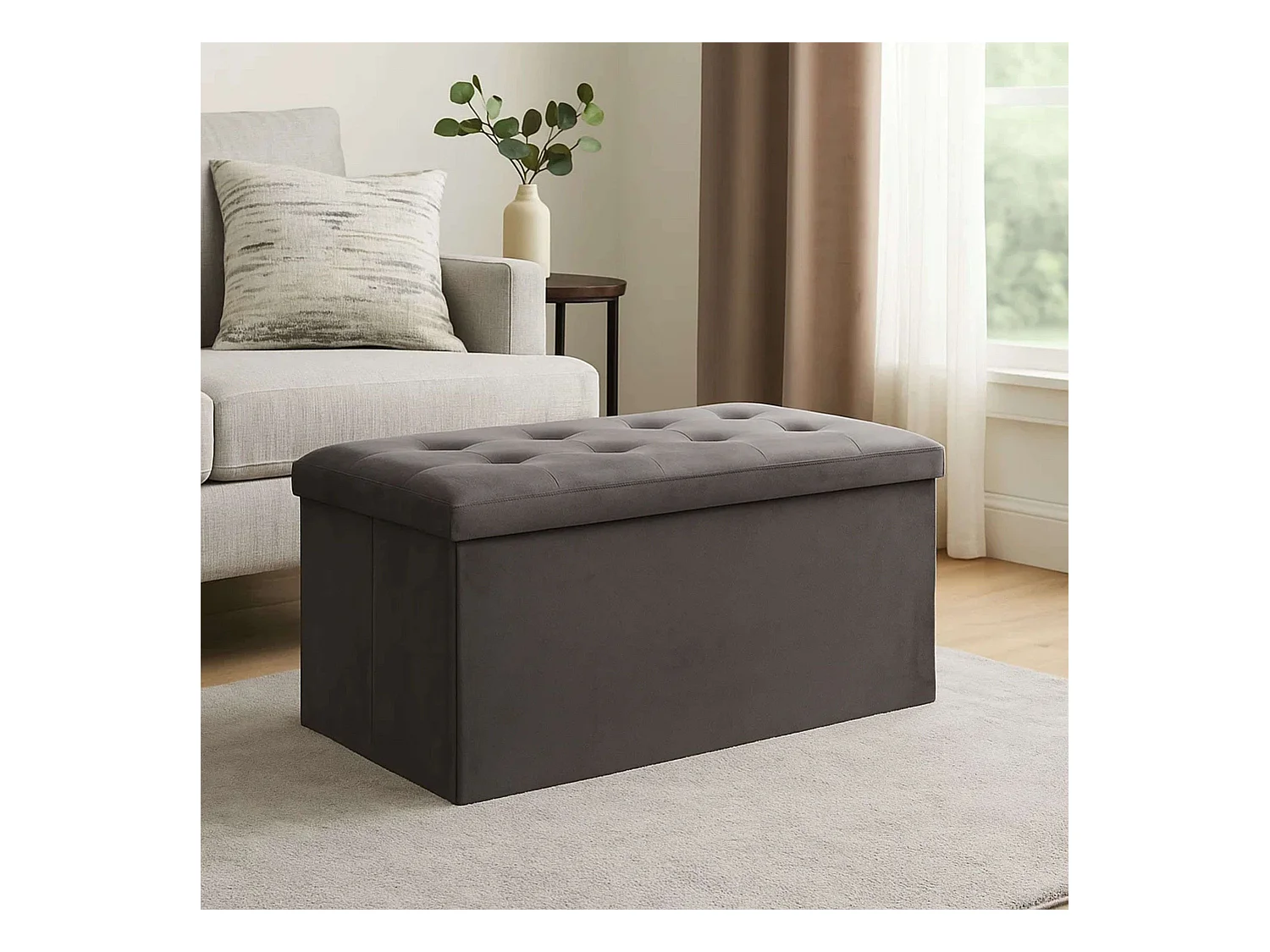 2 en 1 Pouf pliant double et coffre de rangement Velours Gris foncé 76 x H 38 cm