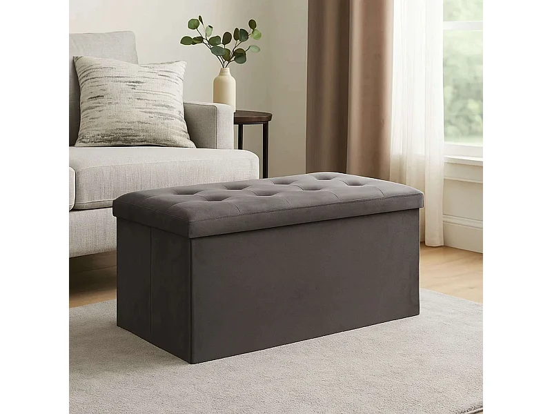 2 en 1 Pouf pliant double et coffre de rangement Velours Gris foncé 76 x H 38 cm