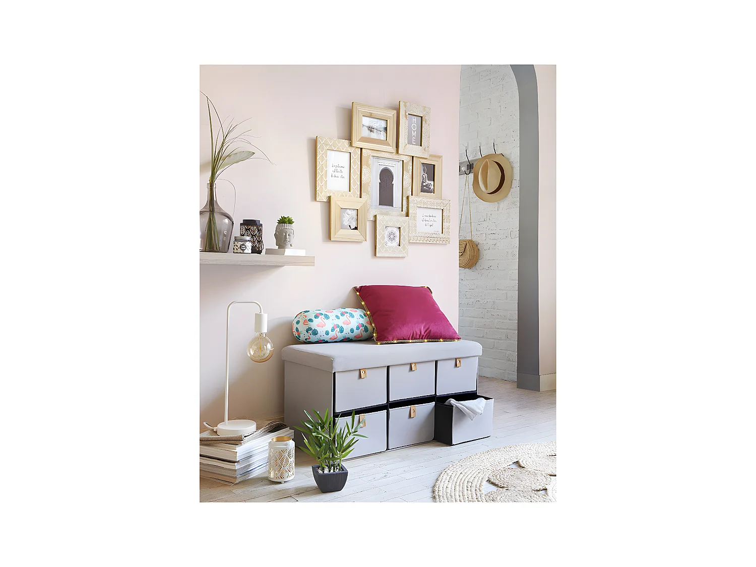 Pouf Pliant Double avec 6 Tiroirs coloris Gris Suède 76.5 x H 38 cm