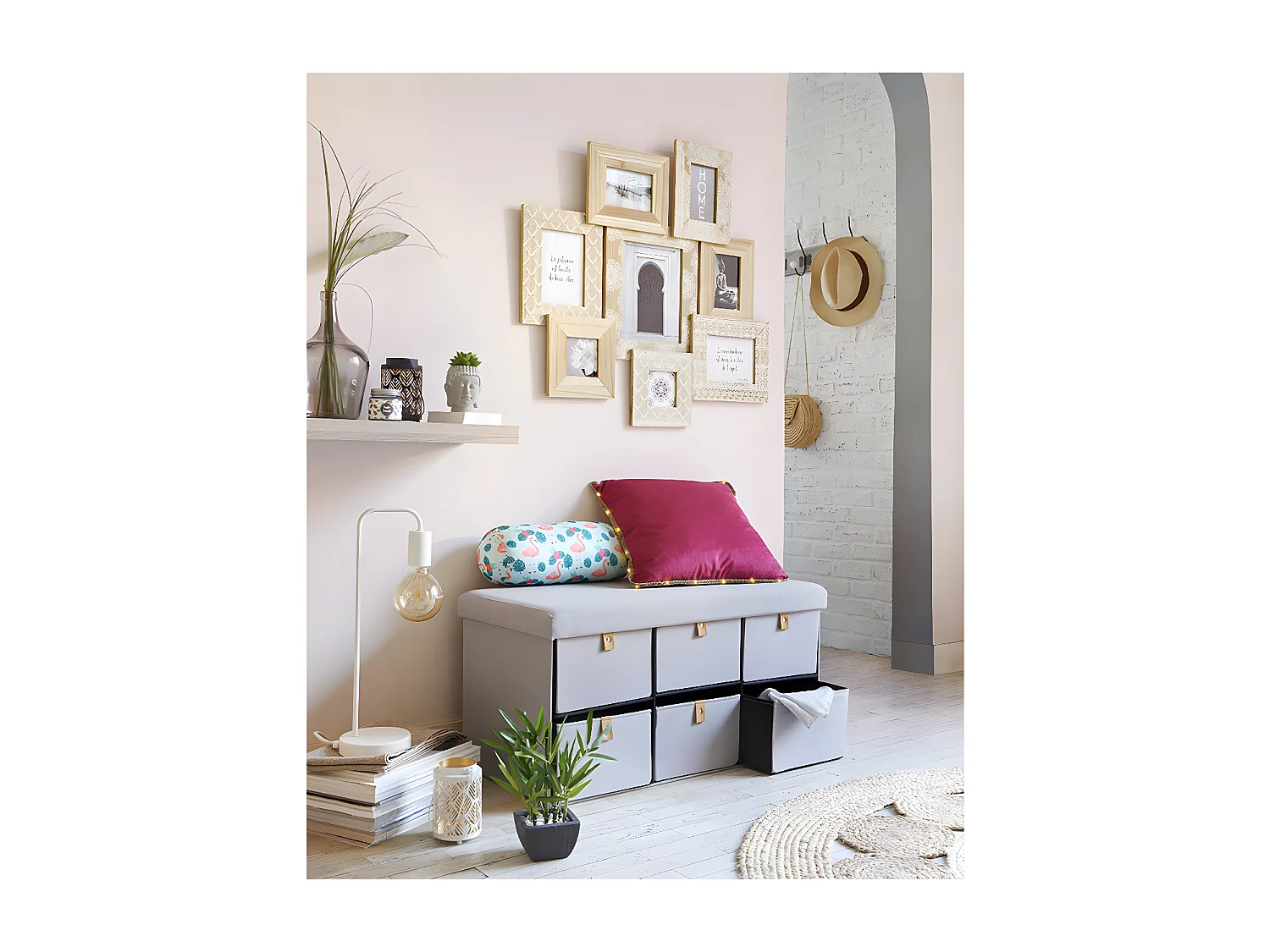 Pouf Pliant Double avec 6 Tiroirs coloris Gris Suède 76.5 x H 38 cm