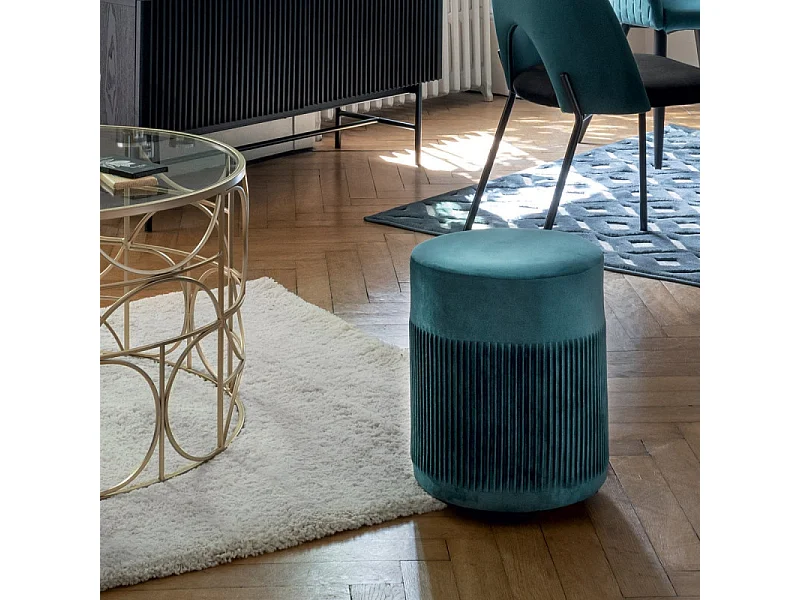 Pouf en Velours Bleu canard D. 31 x H. 38 cm